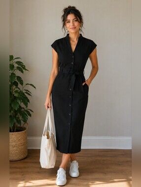 Calvin Klein Black Belted Button Front Fitted Shirt Dress Size 8